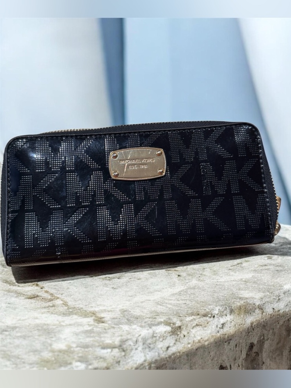 Michael Kors Black Patent MK Logo Zip-Around Wallet with Gold Plaque